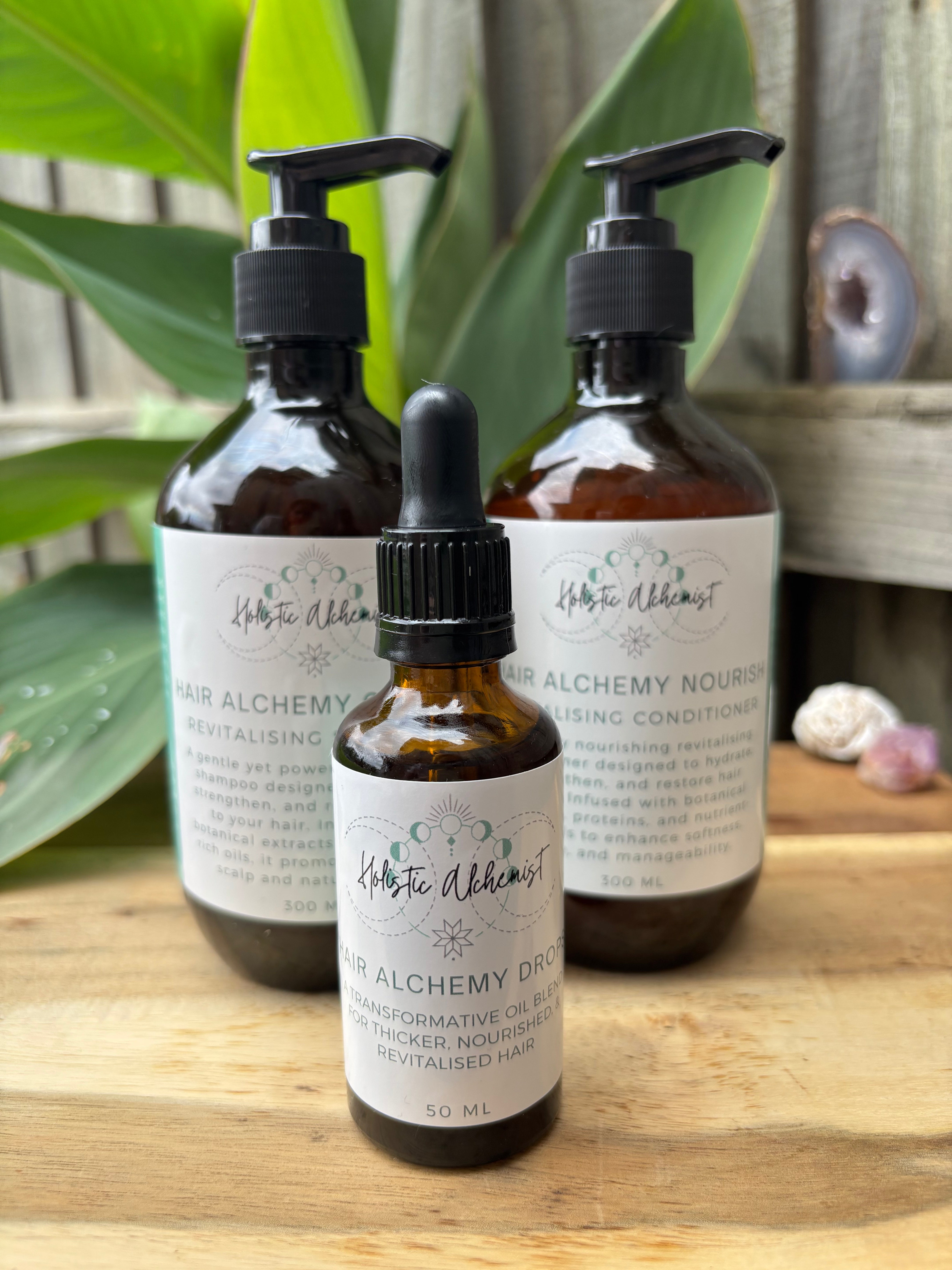 Organic Hydrating Conditioner, shampoo and oil drop